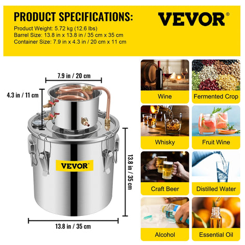 Vevor - Alcohol Distiller - 36 L - Roestvrij staal - ontworpen voor zowel amateur- als professionele distilleerders - Zilver - QUORE