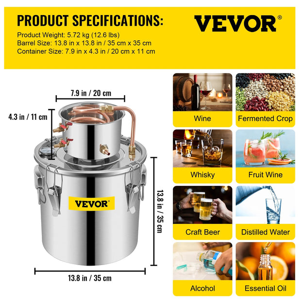 Vevor - Alcohol Distiller - 36 L - Roestvrij staal - ontworpen voor zowel amateur- als professionele distilleerders - Zilver - QUORE