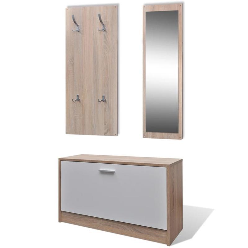 Schoenenkast – Schoenenrek – Schoenenopberger – Schoenenbank – Halkast – Hout & Kunstboard – 3-Delige Set – Eikenhout Kleur & Wit