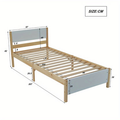 Eenpersoonsbed – Tienerbed – Volwassenenbed – Bedframe – Slaapbank – Houten Frame van Grenen – Met Middenstijl voor Extra Stevigheid – Inclusief MDF Hoofdeinde en Voetbord – Wit Natuurkleur – 90x200 cm