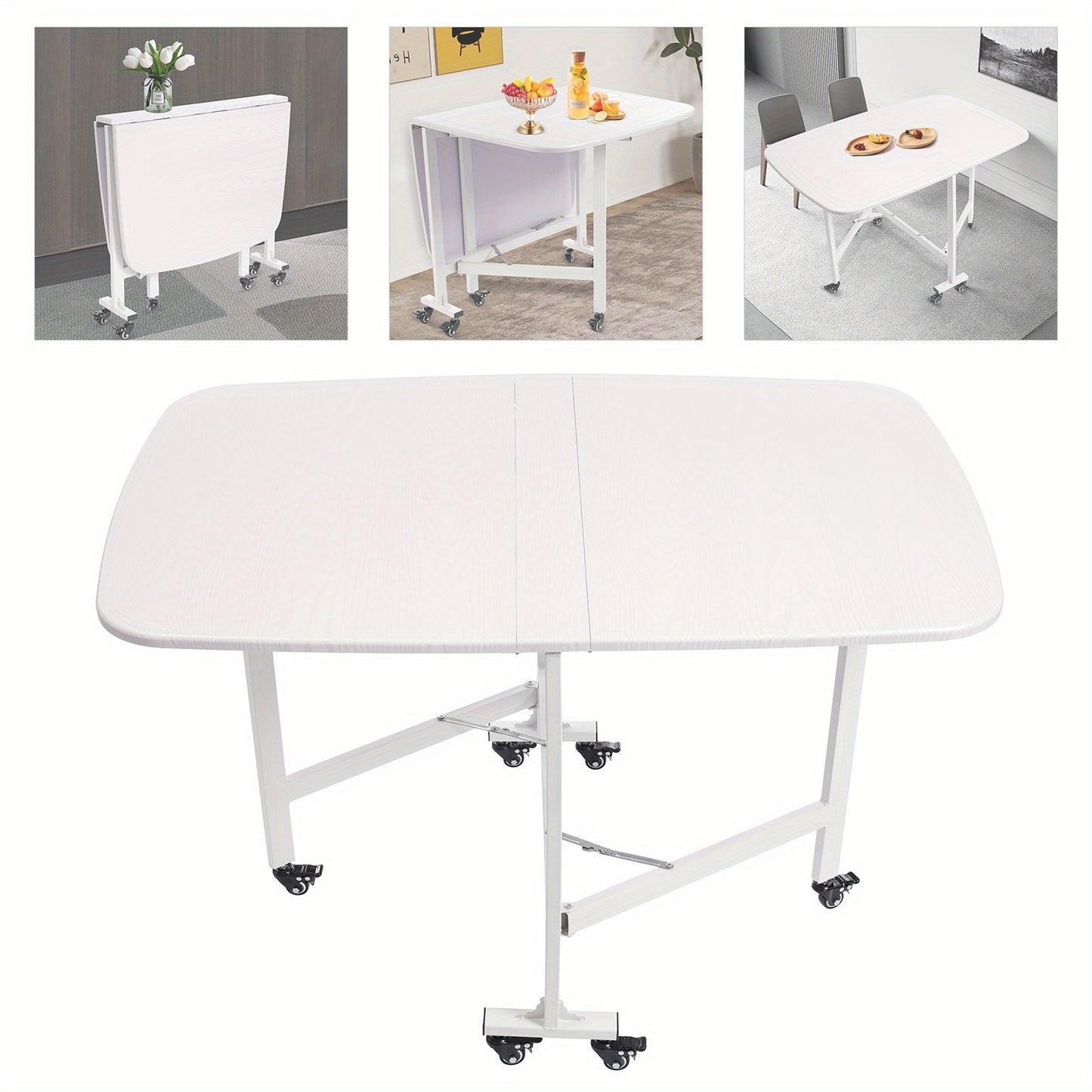 Klaptafel – Vouwtafel – Opvouwbare Tafel – Plooitafel – Bijzettafel – Drievoudig Opvouwbaar – 120x80x75 cm – Wit Met Houtnerfstructuur – Voor Binnen & Buiten Met 6 Zwenkwieltjes