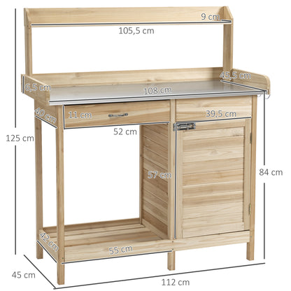 Tuinwerktafel – Tuinbankje – Werkbank – Plantentafel – Vurenhouten Tuinmeubel – Verzinkt Stalen Werkblad Met Rand – Opbergruimte Met Lade En Kastje