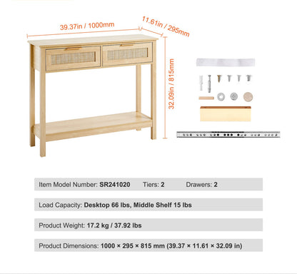 Sidetable – Wandtafel – Consoletafel – Haltafel – Bijzettafel – Natuurlijk Rattan – 2 Lades – Stevige MDF Constructie