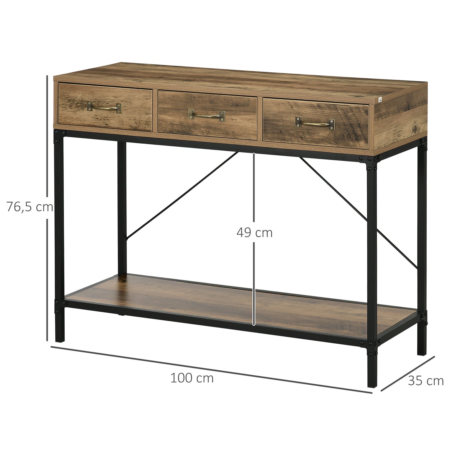 HOMCOM Console Table, Entryway Table, Sofa End Table, Carbon Steel Frame, Easy Assembly, with 3 Drawers And 1 Wooden Top, Industrial Design, 100 X 35 X 76.5 Cm, Light Brown