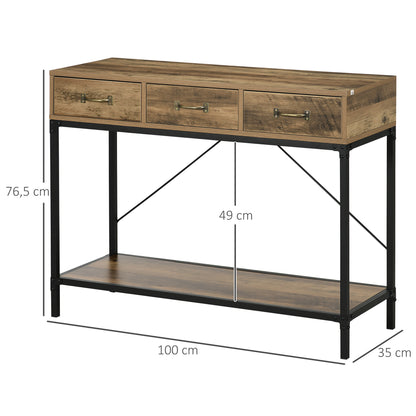 HOMCOM Console Table, Entryway Table, Sofa End Table, Carbon Steel Frame, Easy Assembly, with 3 Drawers And 1 Wooden Top, Industrial Design, 100 X 35 X 76.5 Cm, Light Brown