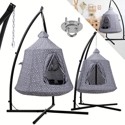 Hangmat voor Katten en Honden – Hangende Tent – Speeltent – Hangkussen – Camping Hangmat – Waterafstotend Oxford Polyester – Draaggewicht 150 kg – Opblaasbaar Kussen – Stevig IJzeren Frame – Grijs met Sterren