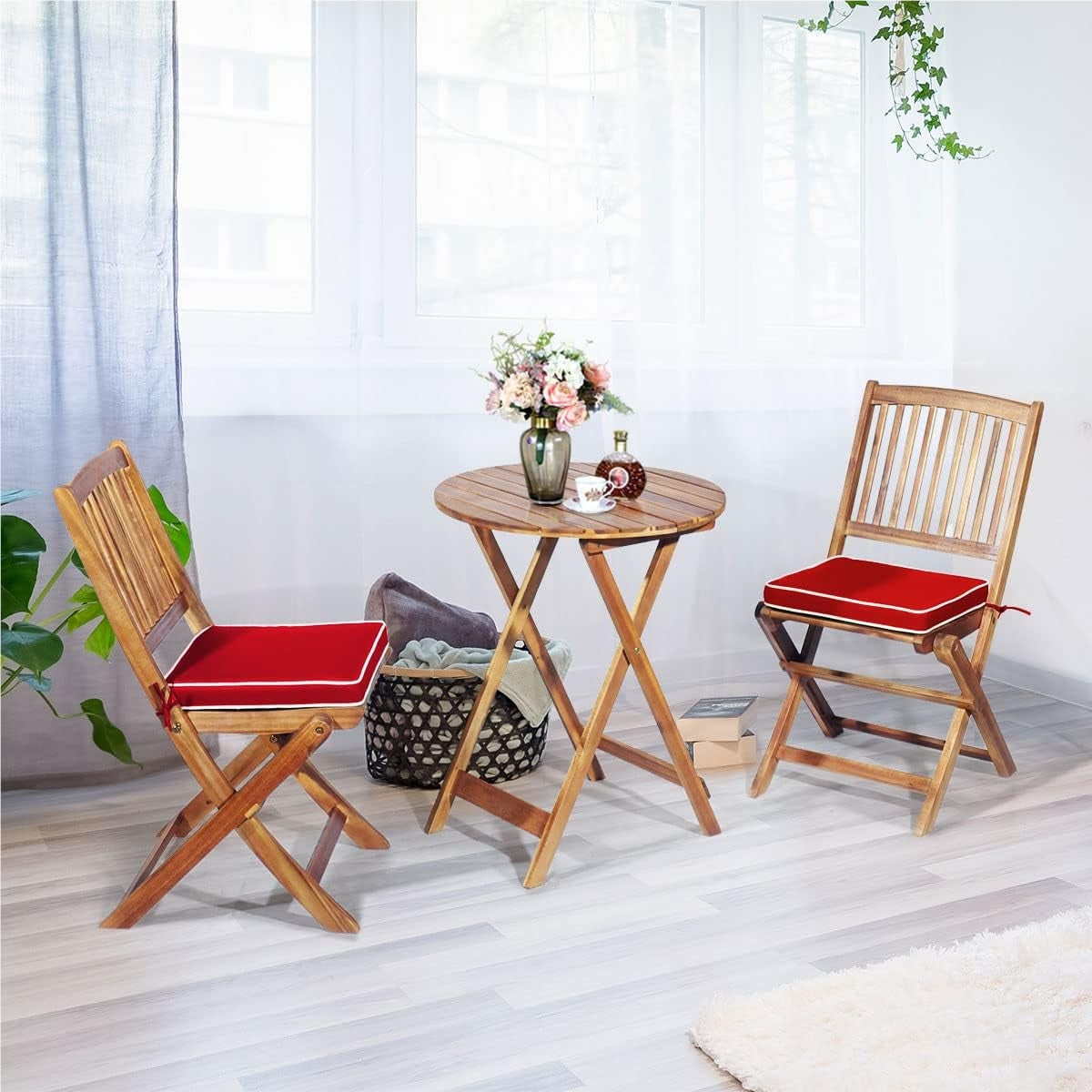 Bistroset – Tuinset – Balkonset – Eettafelset – Tuinmeubilair – Inklapbaar – Acaciahouten 3-delig met Rood Kussen