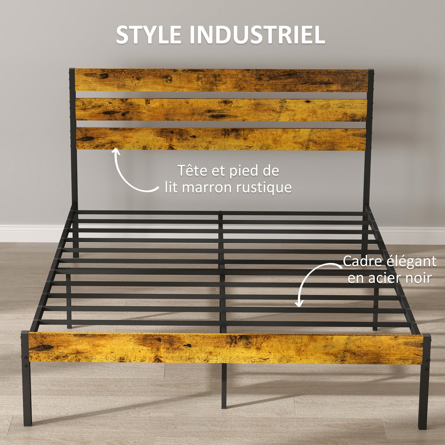 Tweepersoonsbed – Dubbelbed – Bedframe – Lattenbodem – Industrieel Bed – 160x200 cm – Onderbed Opbergruimte – Hout en Staal