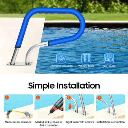 Handrail Zwembad – Zwembadrail – Poolrail – Poolhandgreep – Zwembadbeugel – Roestvrij Staal 304 – Neopreen Antislip Grip – Max 120 kg Belastbaar – Zilver