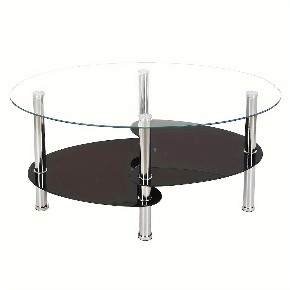 Salontafel – Koffietafel – Woonkamertafel – Lage Tafel – Ovalen Tafel – Gehard Glas – Metalen Poten – 2 Opbergniveaus – 90x50x43 cm