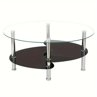 Salontafel – Koffietafel – Woonkamertafel – Lage Tafel – Ovalen Tafel – Gehard Glas – Metalen Poten – 2 Opbergniveaus – 90x50x43 cm
