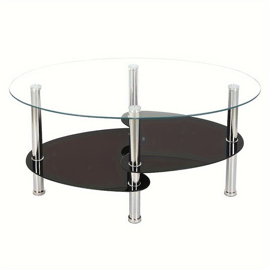 Salontafel – Koffietafel – Woonkamertafel – Lage Tafel – Ovalen Tafel – Gehard Glas – Metalen Poten – 2 Opbergniveaus – 90x50x43 cm
