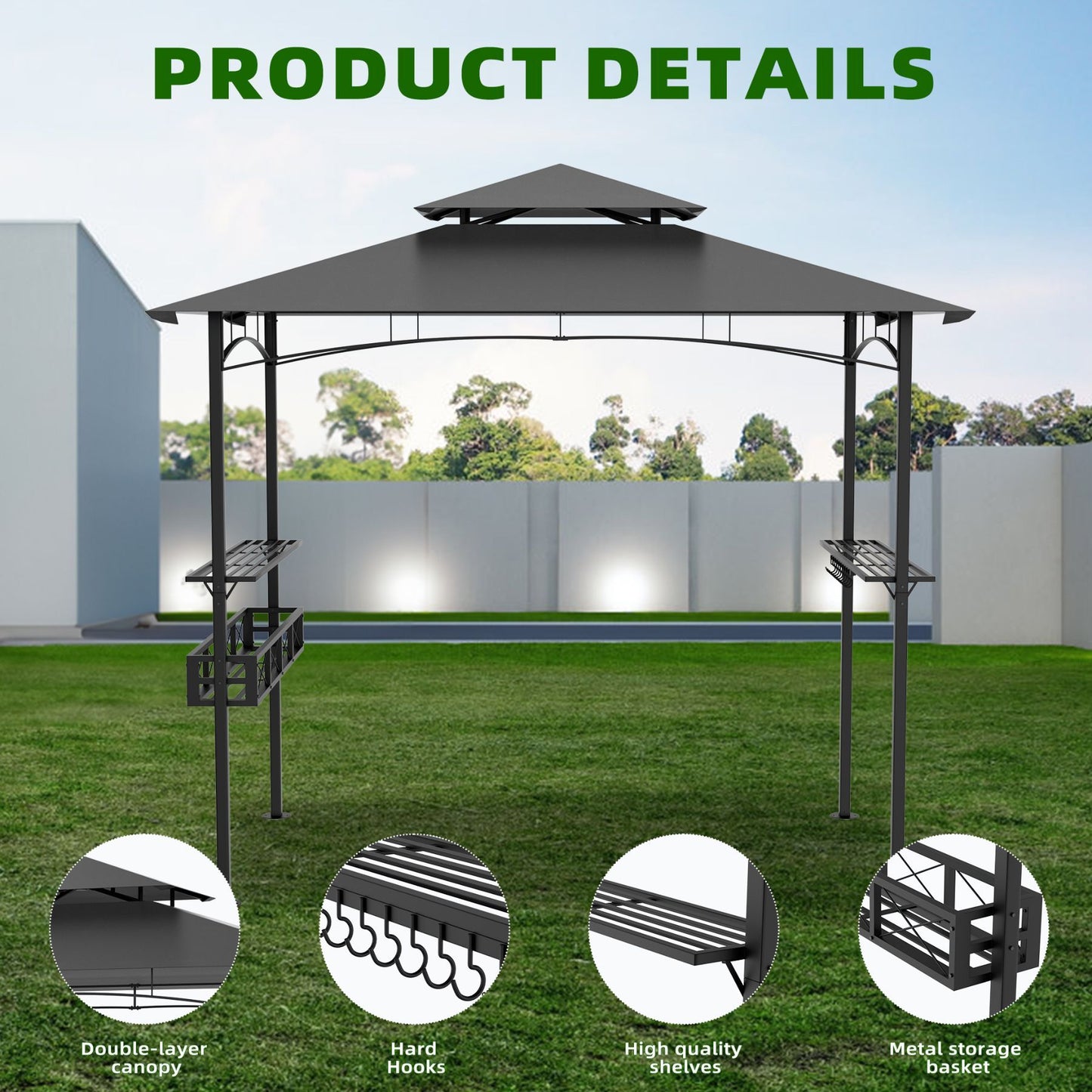 BBQ Overkapping – BBQ Paviljoen – Terrasoverkapping – Barbecue Tent – Tuinpaviljoen – Ruim Ontwerp – UV-bestendig Polyester – Stevig Metalen Frame – Zijplanken & Onderkast