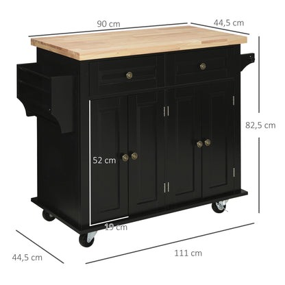 Keukentrolley – Keukenwagen – Keukenkar – Opbergwagen – Serviewagen – Mat Zwart Rubberhout – 2 Lades & 2 Kastdeuren