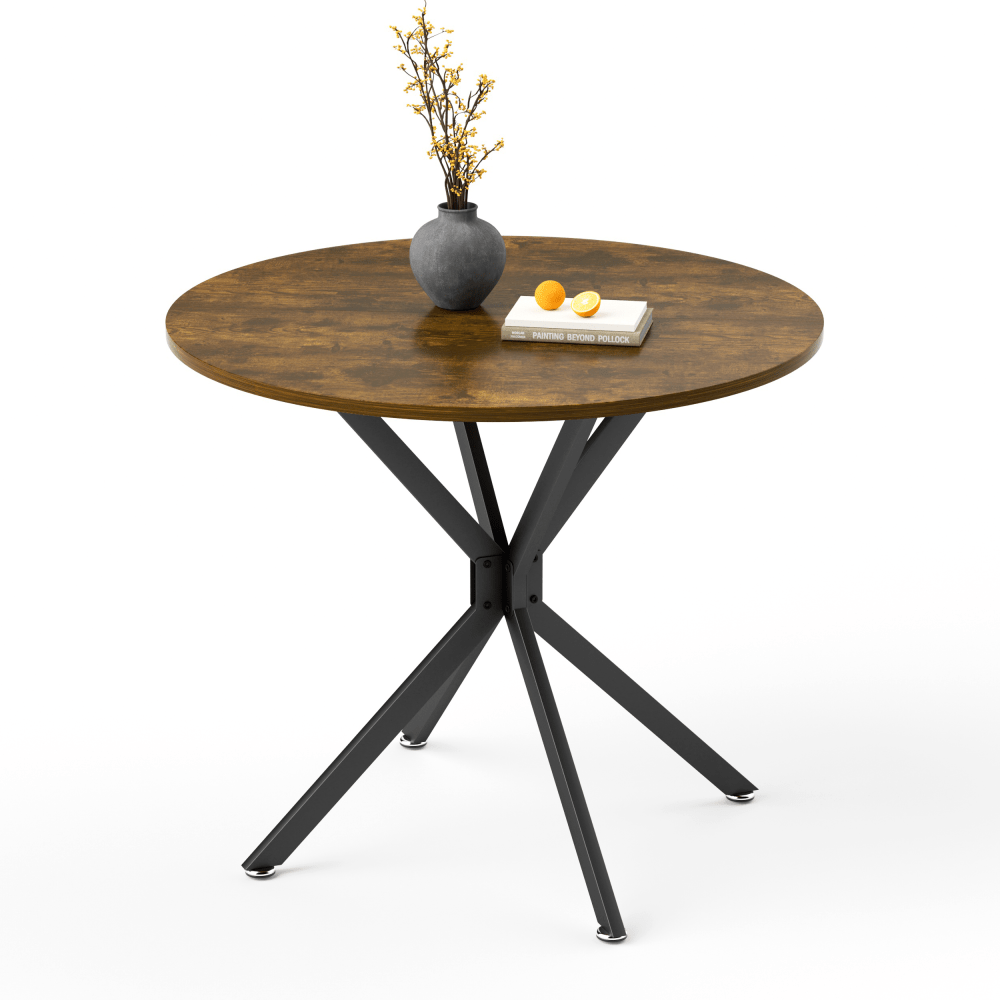 Ronde Eettafel – Eettafel Klein – Keukentafel Rond – Tafel Compact – Tafel 90 Cm – Stevige Zwarte Metalen Poten – Ruimtebesparend Bruin Spaanplaatblad