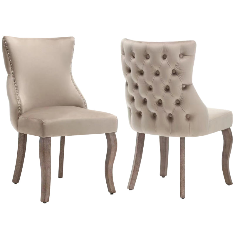 Eetkamerstoel – Woonkamerstoel – Gestoffeerde Stoel – Kuipstoel – Lounge Stoel – Beige Fluweel – Unieke Knoprug – Massief Houten Gebogen Poten