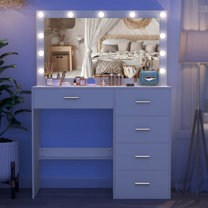 Kaptafel – Make-up Tafel – Cosmeticatafel – Opmaaktafel – Dressing Table – Wit – LED-Verlichting – 5 Lades
