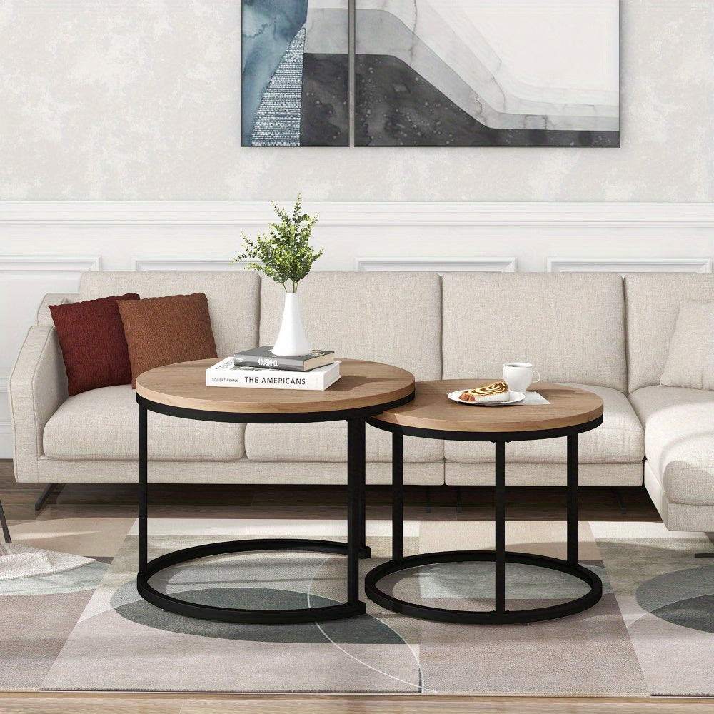 Salontafel – Bijzettafel – Koffietafel – Tafeltje – Woonkamertafel – Set van 2 – Nestbaar – MDF Blad – Metaal Frame – Rond – Bruin – Ruimtebesparend – Modern Design