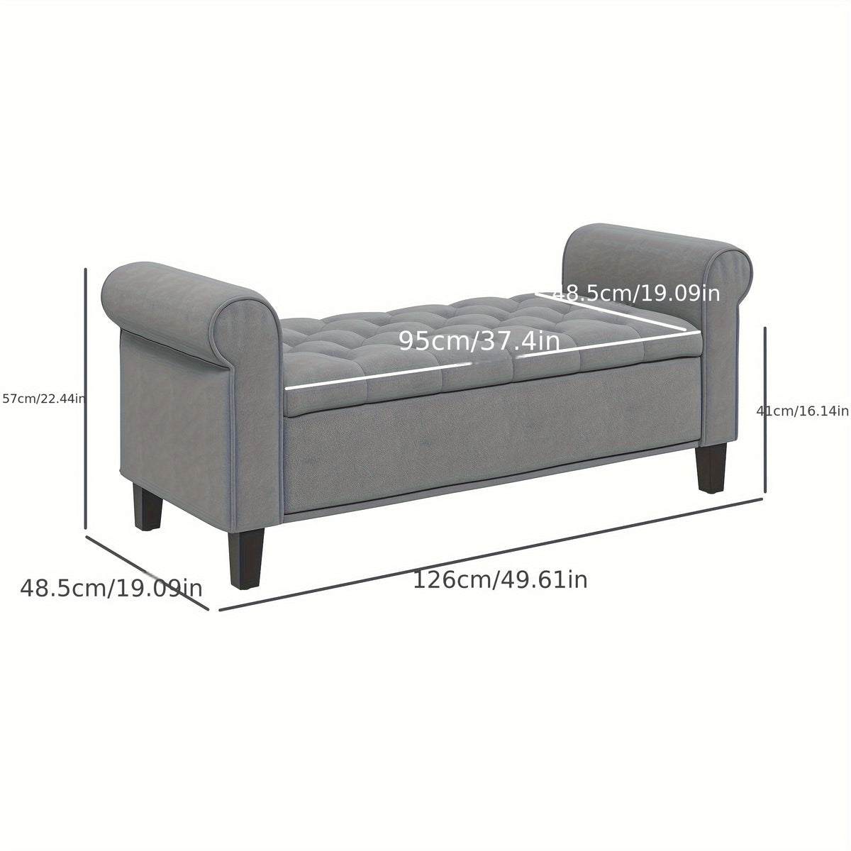 Bankje – Gestoffeerd Bankje – Bedbank – Velvet Look Zitbank – Halbankje – Grijs – Opbergruimte – Belastbaar tot 120 kg – 126x48,5x47 cm