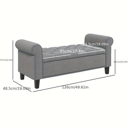 Bankje – Gestoffeerd Bankje – Bedbank – Velvet Look Zitbank – Halbankje – Grijs – Opbergruimte – Belastbaar tot 120 kg – 126x48,5x47 cm