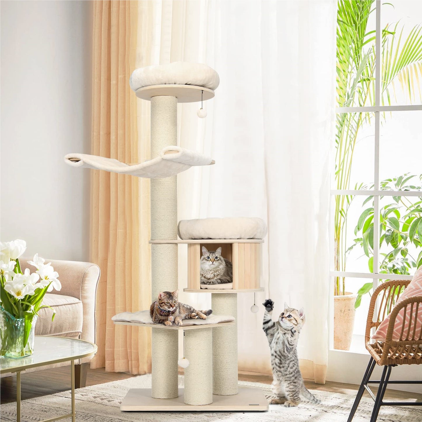 Krabpaal – Krabboom – Klimmeubel – Kattenmeubel – Krabton – 5-Lagen Hout – Inclusief Hangmat & Kattenhol – 174 cm Hoog – Sisal Krabpalen – Beige