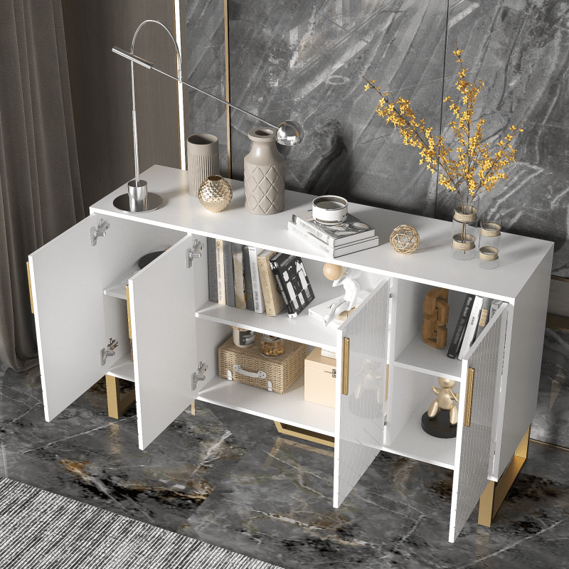 Dressoir – Opbergkast – Ladekast – TV-Kast – Buffetkast – Hoogglans Wit – Metalen Handgrepen & Poten – 140x40x80 cm – Geometrisch Design