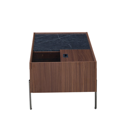 Modern Glass-Top Coffee Table with Storage Drawers - Dark Brown Marble-Patterned Wood Veneer & Sturdy Metal Legs, Contemporary Minimalist Design with Spacious Top & Hidden Storage for Living Room, Easy Assembly Required, Dura