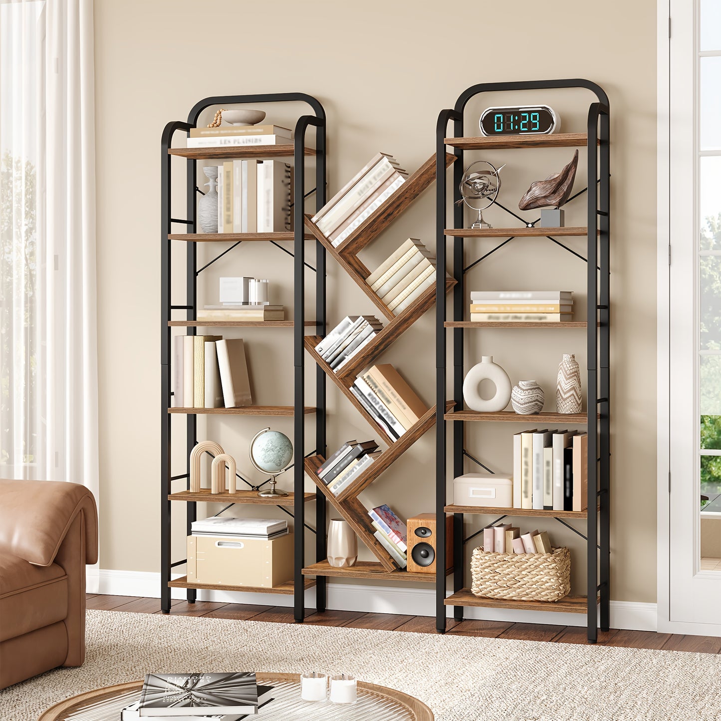 Industriële Boekenkast – Boekenkast – Opbergsysteem – Wandrek – Vakkenkast – 6 Niveaus & 18 Compartimenten – Vintage Bruin-Zwart Hardhout & Metaal – Vrijstaand & Eenvoudige Montage