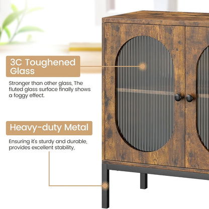 80.01cm Modern Rustic Buffet Cabinet with Glass Doors - Brown -Standing Suitable for Living Room, Dining Room, Kitchen & Entryway, Easy Assembly, Multi-Functional as TV Stand or Accent Cabinet