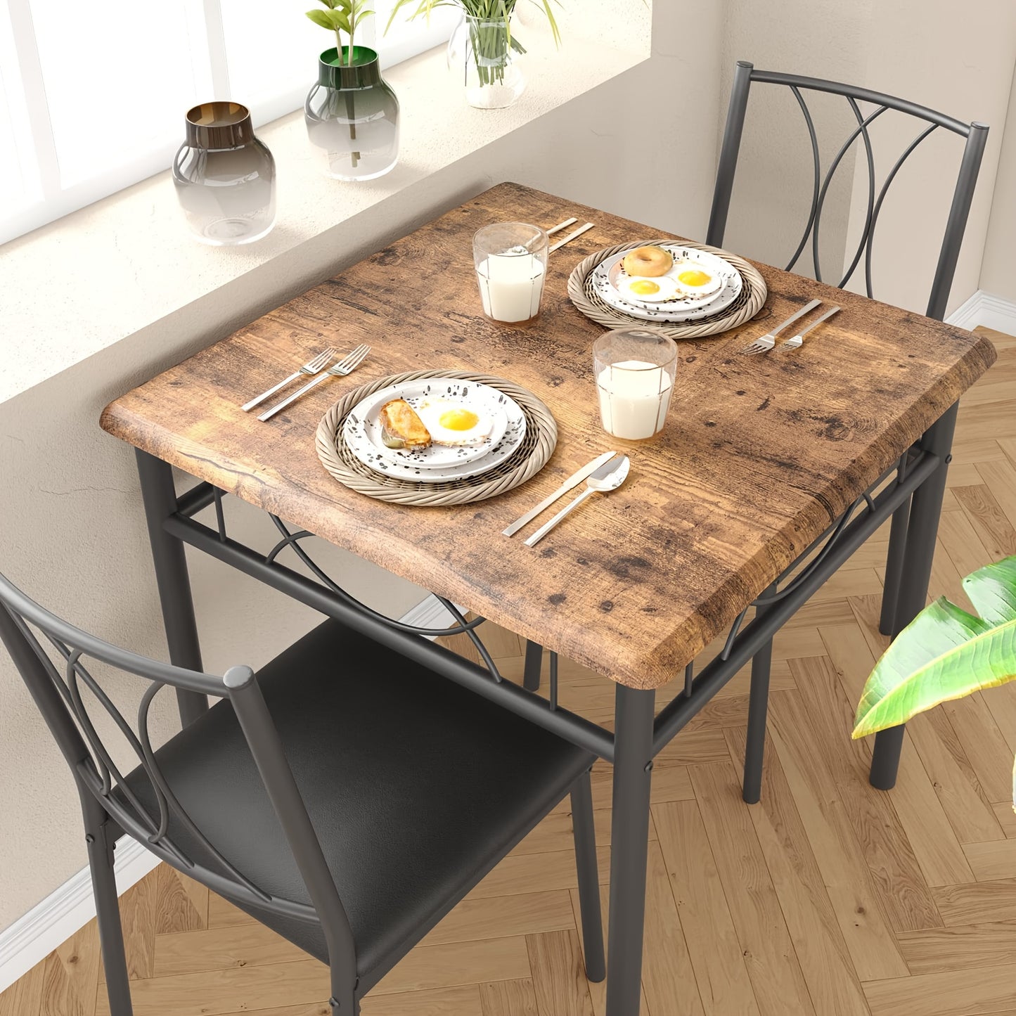 Compacte Eettafelset – Kleine Tafelset – Eetkamermeubel – Keukentafel Voor Twee – Vintage Stoelenset – Ruimtebesparend Design – Massief Hout & Stoffering