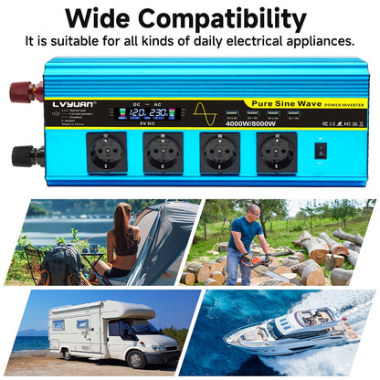 Zuivere Sinusomvormer – Power Inverter – Spanningsomzetter – Stroomomvormer – Omvormer 24V 8000W Pieken – LCD Display – Afstandsbediening – 4 AC Stopcontacten – 4 USB Poorten