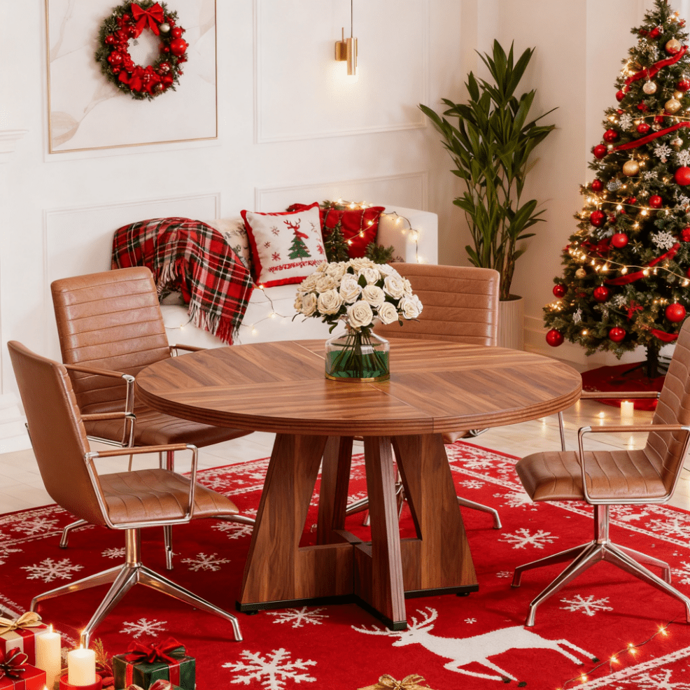 1pc Extra Large 47-Inch Round Dining Table - Farmhouse Modern design with Brown, Easy Assembly, Sturdy Base for Dining Room, Living Room, for home Office - Seats 4 Adults, Space-Saving Round Kitchen Table for Small Spaces