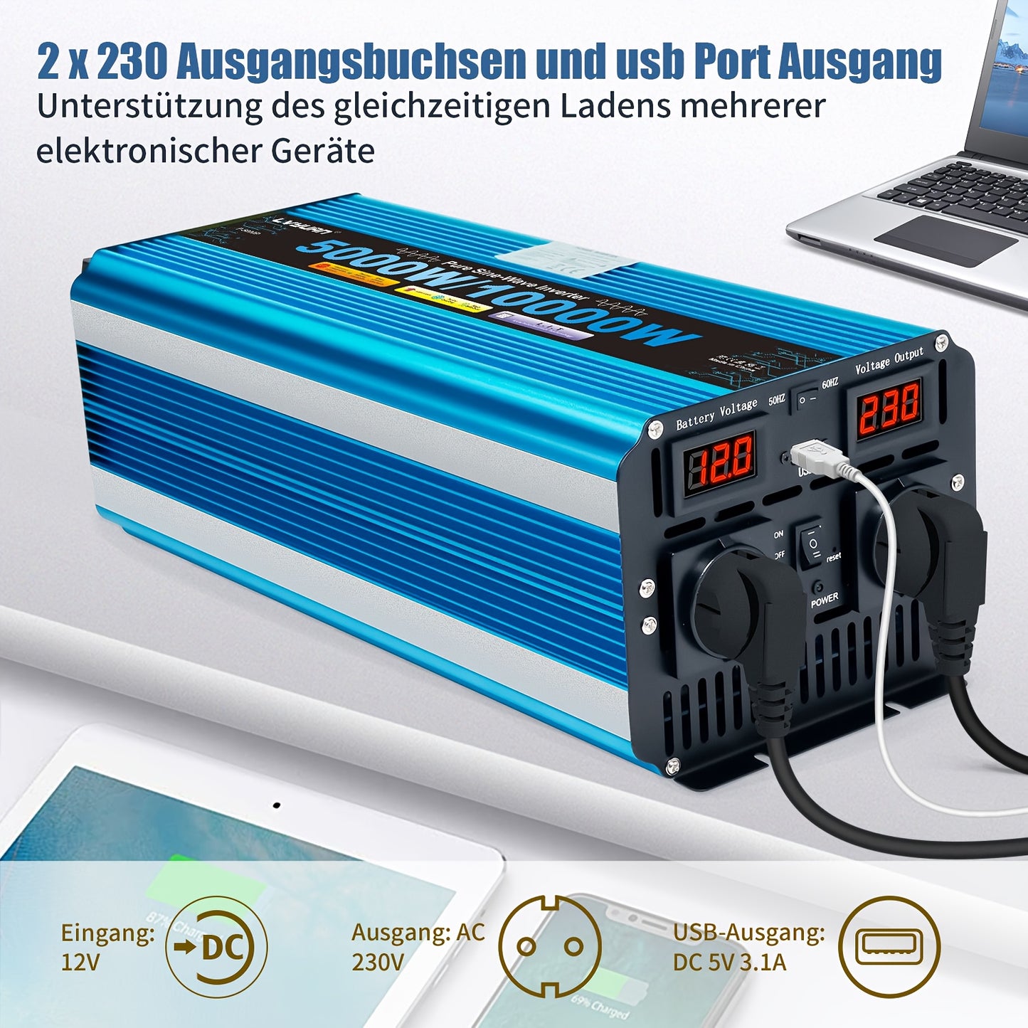 Zuivere Sinusgolf Omvormer – Stroomomzetter – Converter – Inverter – Spanningsomzetter – 12V 5000W – 10000W Piekvermogen – Afstandsbediening & LED-Display