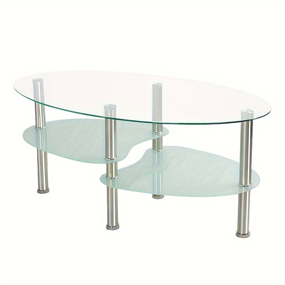 Salontafel – Koffietafel – Bijzettafel – Woonkamertafel – Tafel – Modern – Gehard Glas – Ovaal – Met Metalen Poten – 2 Opbergniveaus – 90x50x43 cm