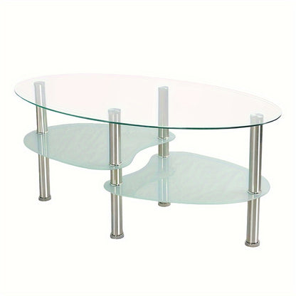Salontafel – Koffietafel – Bijzettafel – Woonkamertafel – Tafel – Modern – Gehard Glas – Ovaal – Met Metalen Poten – 2 Opbergniveaus – 90x50x43 cm