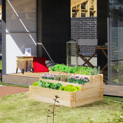 Tuinbak – Plantenbak – Kweekbak – Plantentafel – Vierkante Bloembak – 3 Lagen Met 9 Compartimenten – Gemaakt Van Weerbestendig Vurenhout En Ademend Non-Woven Stof – 117x100x54 cm – Natuurlijk Hout
