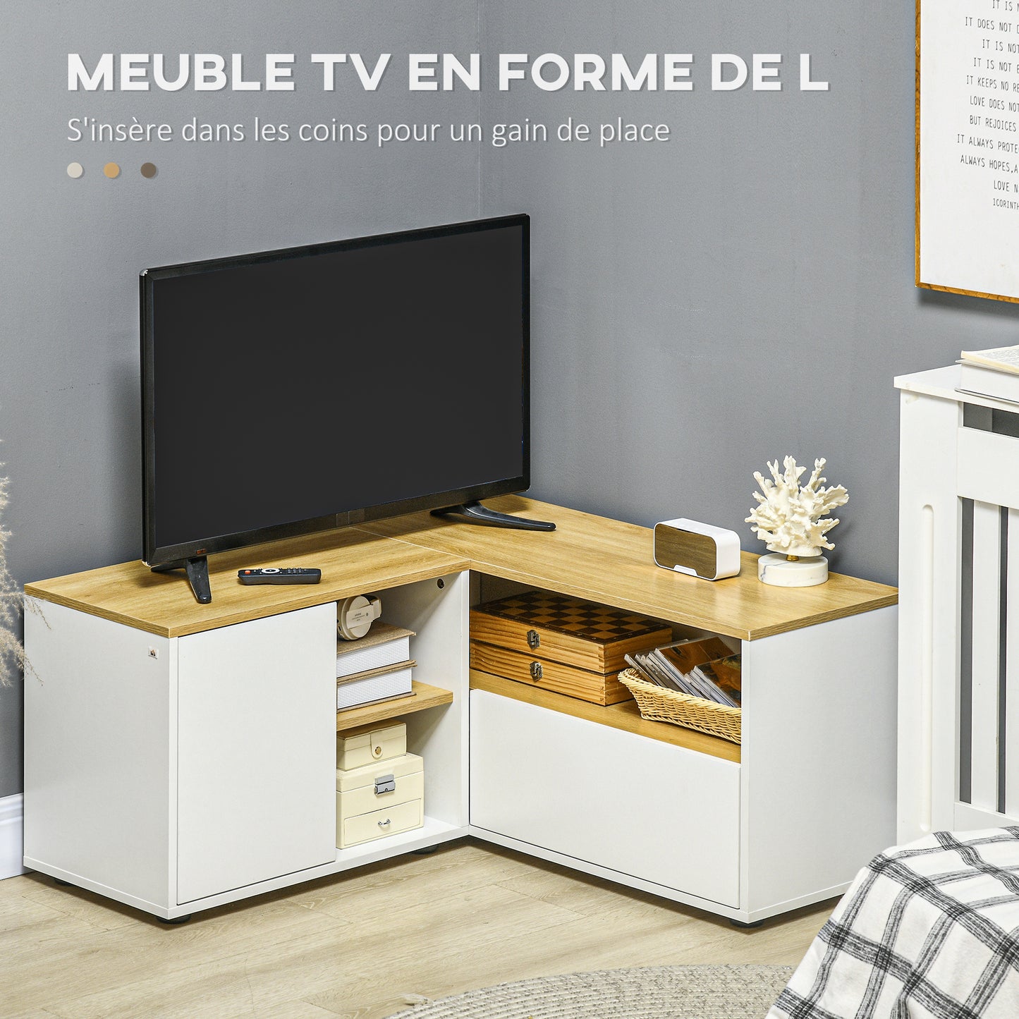 Hoek TV Meubel – Tv-standaard – Tv Cabinet – Tv Bankje – Media Meubel – Licht Hout en Wit – Geschikt Voor Tv’s Tot 40 Inch – Met Opbergruimte