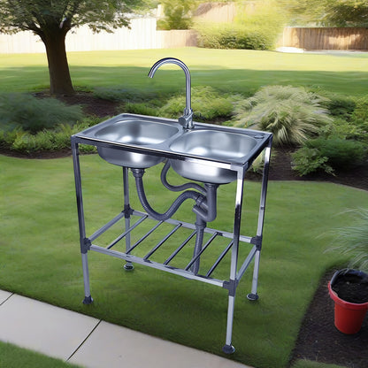 Dubbele Wasbak – RVS Spoelbak – Vrijstaande Wasbak – Draagbare Wasbak – Keuken Wasbak – Roestvrij Staal – Warm- en Koudwaterkraan – Afmetingen 75x40x83 cm