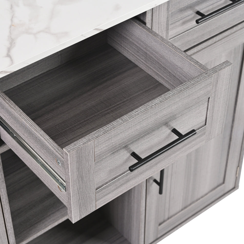 Modern Mobile Dining Trolley/Sideboard Cabinet with White Marble Countertops & Gray Veneer - Folding Worktop, Storage Doors, Assembly Required - Space-Saving Mobile Furniture for Small Apartments/Kitchens (Metal Frame)