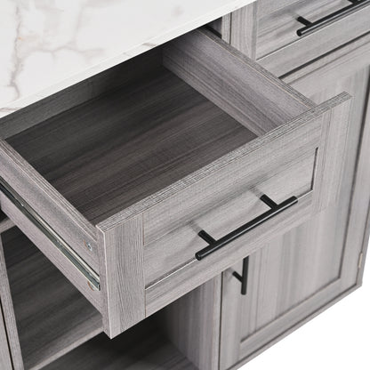 Modern Mobile Dining Trolley/Sideboard Cabinet with White Marble Countertops & Gray Veneer - Folding Worktop, Storage Doors, Assembly Required - Space-Saving Mobile Furniture for Small Apartments/Kitchens (Metal Frame)