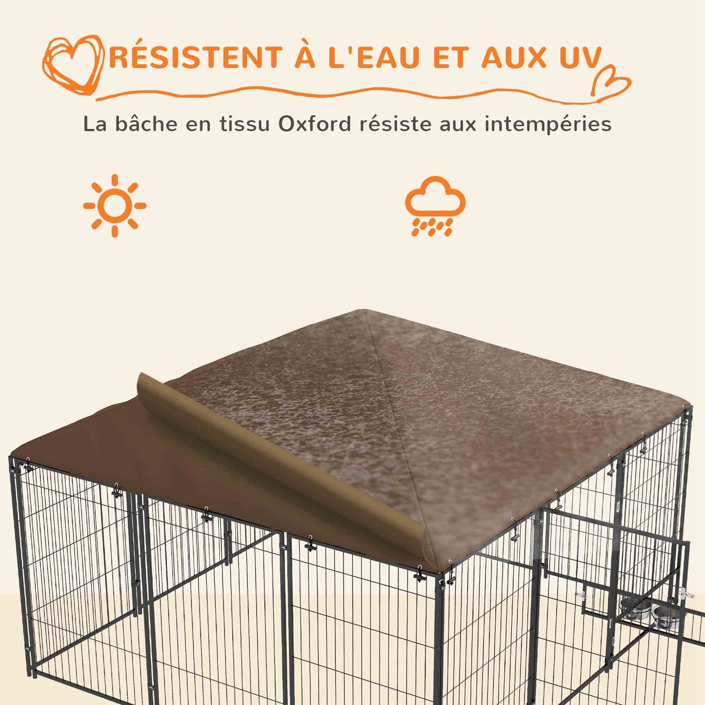 Buitenkennel Honden – Hondenren – Hondenhok – Hondenkooi – Buitenverblijf – Robuust Roestvrij Staal – Waterdicht Oxford Dak – Café Kleur – 211x211x151 cm – Veilig en Ruim