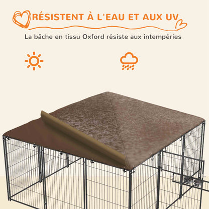 Buitenkennel Honden – Hondenren – Hondenhok – Hondenkooi – Buitenverblijf – Robuust Roestvrij Staal – Waterdicht Oxford Dak – Café Kleur – 211x211x151 cm – Veilig en Ruim