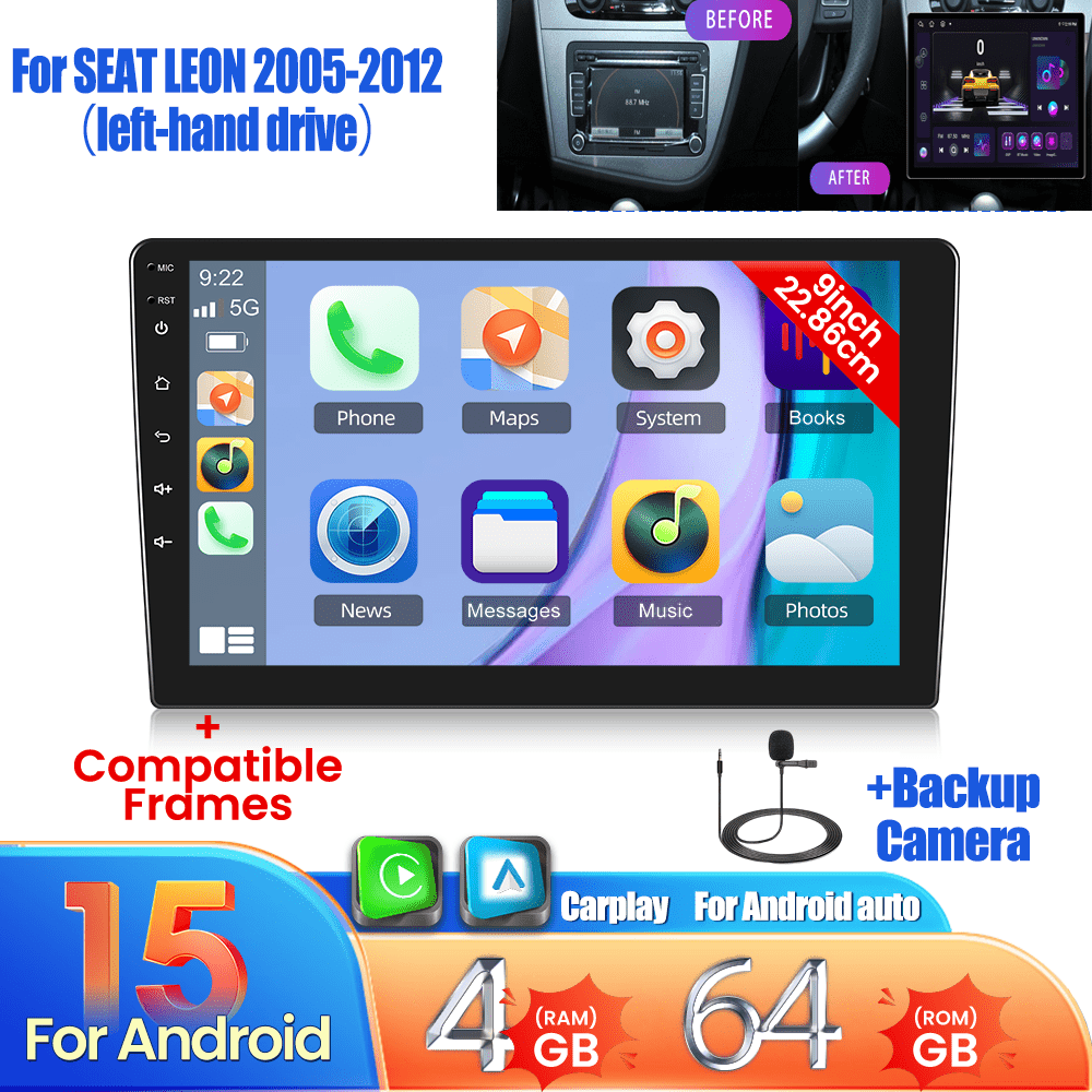 Android Autoradio – Multimedia Systeem – Carplay Radio – Touchscreen Navigatie – Auto Stereo – SEAT LEON 2005-2012 Links – 9 Inch Scherm – 4GB RAM & AHD Achteruitrijcamera