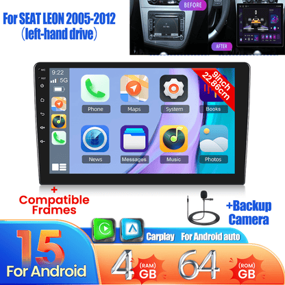 Android Autoradio – Multimedia Systeem – Carplay Radio – Touchscreen Navigatie – Auto Stereo – SEAT LEON 2005-2012 Links – 9 Inch Scherm – 4GB RAM & AHD Achteruitrijcamera