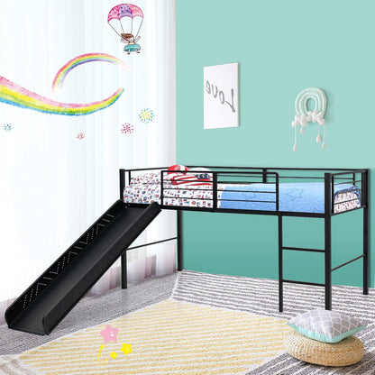 Laag Hoogslaper – Kinderbed – Speelbed – Stapelbed – Glijbaanbed – Veilig Stalen Frame – 74 cm Hoog Met Glijbaan – Zwart