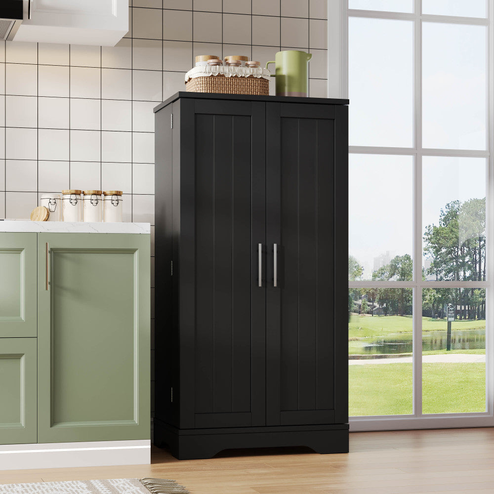 Large Modern Black Metal Freestanding Storage Cabinet with Double Doors & Adjustable Shelves - Heavy-Duty Floor-Standing Kitchen Pantry Cabinet with Door Racks, Spacious Organizer for Kitchen, Dining Room, Living Room - Easy