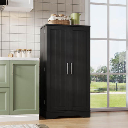 Large Modern Black Metal Freestanding Storage Cabinet with Double Doors & Adjustable Shelves - Heavy-Duty Floor-Standing Kitchen Pantry Cabinet with Door Racks, Spacious Organizer for Kitchen, Dining Room, Living Room - Easy