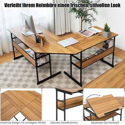 L-vormig Bureau – Hoekbureau – Werkplek – Computerbureau – Bureau Met Verstelbaar Blad – 170 x 150 x 75 cm – Walnoothout – 2 Planken & CPU-standaard