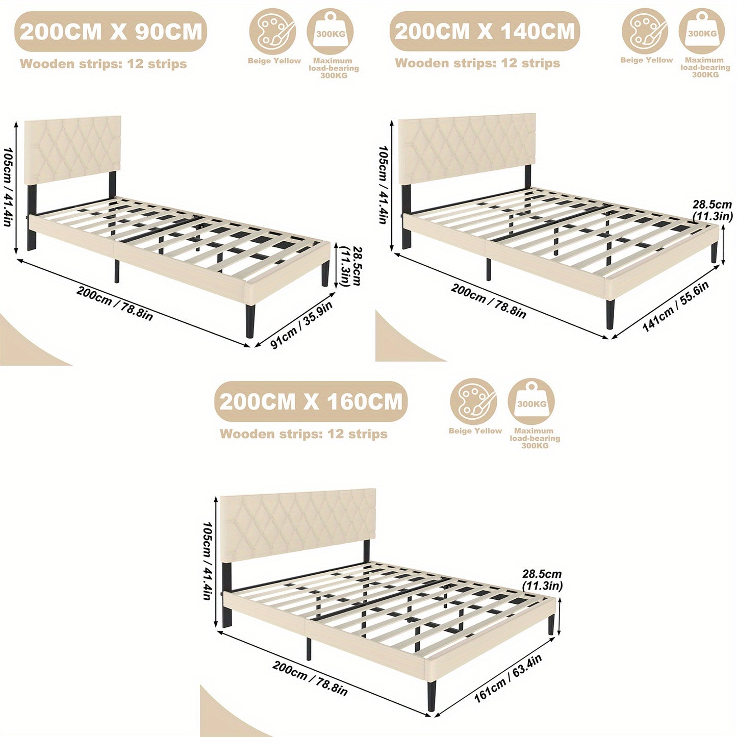 Gestoffeerd Bed – Bedframe – Ledikant – Slaapbed – Tweepersoonsbed – 140x200 cm – Beige Imitatieleer – Stevige Houten Lattenbodem