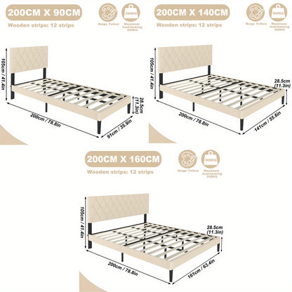 Bedframe – Gestoffeerd Bed – Tweepersoonsbed – Platformbed – Lattenbodem – 90x200 cm – Imitatieleer Beige – Stevig Met 12 Latten
